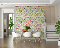 Floral and insect wallpaper featuring detailed blooms and friendly bees.