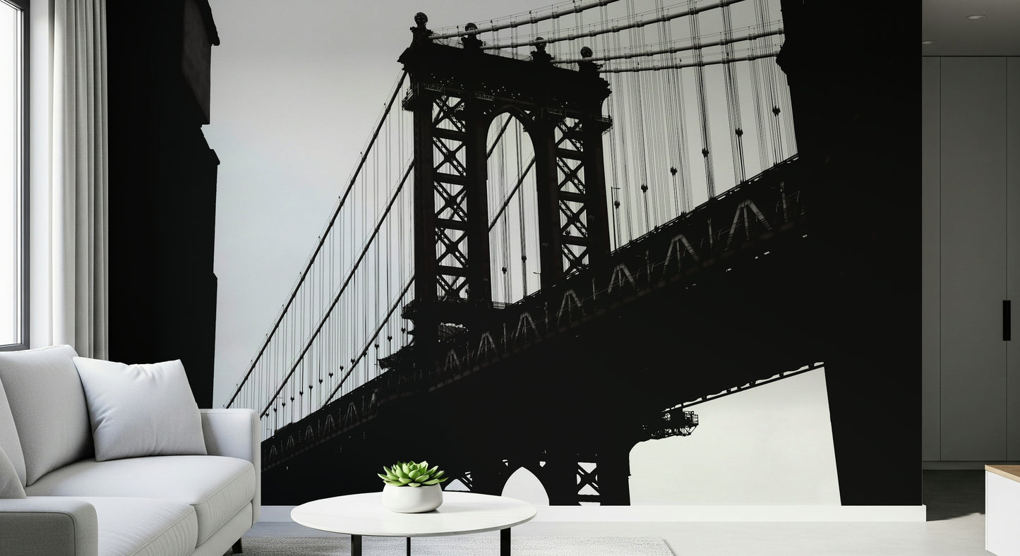 Modern city wallpaper with silhouetted bridge and vibrant evening sky.