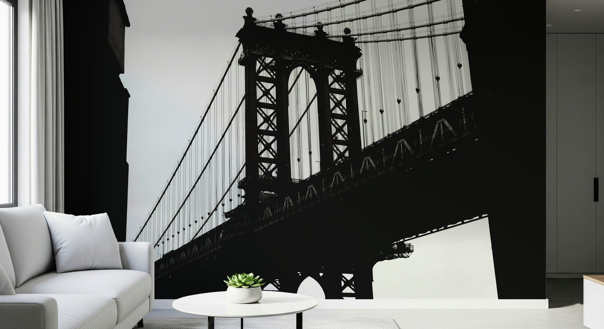 Modern city wallpaper with silhouetted bridge and vibrant evening sky.