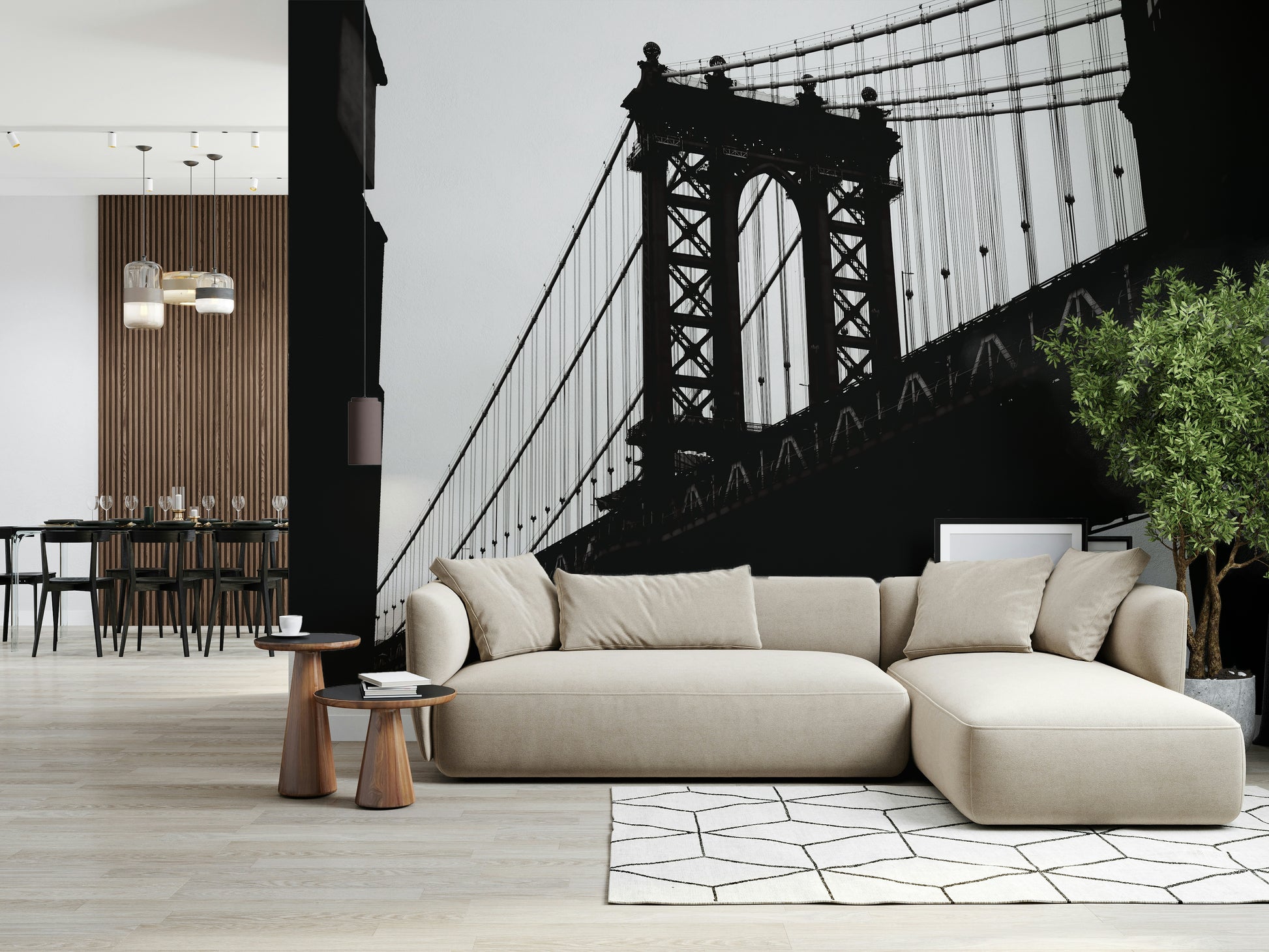 Wall mural with a silhouetted urban bridge and softly glowing city backdrop.