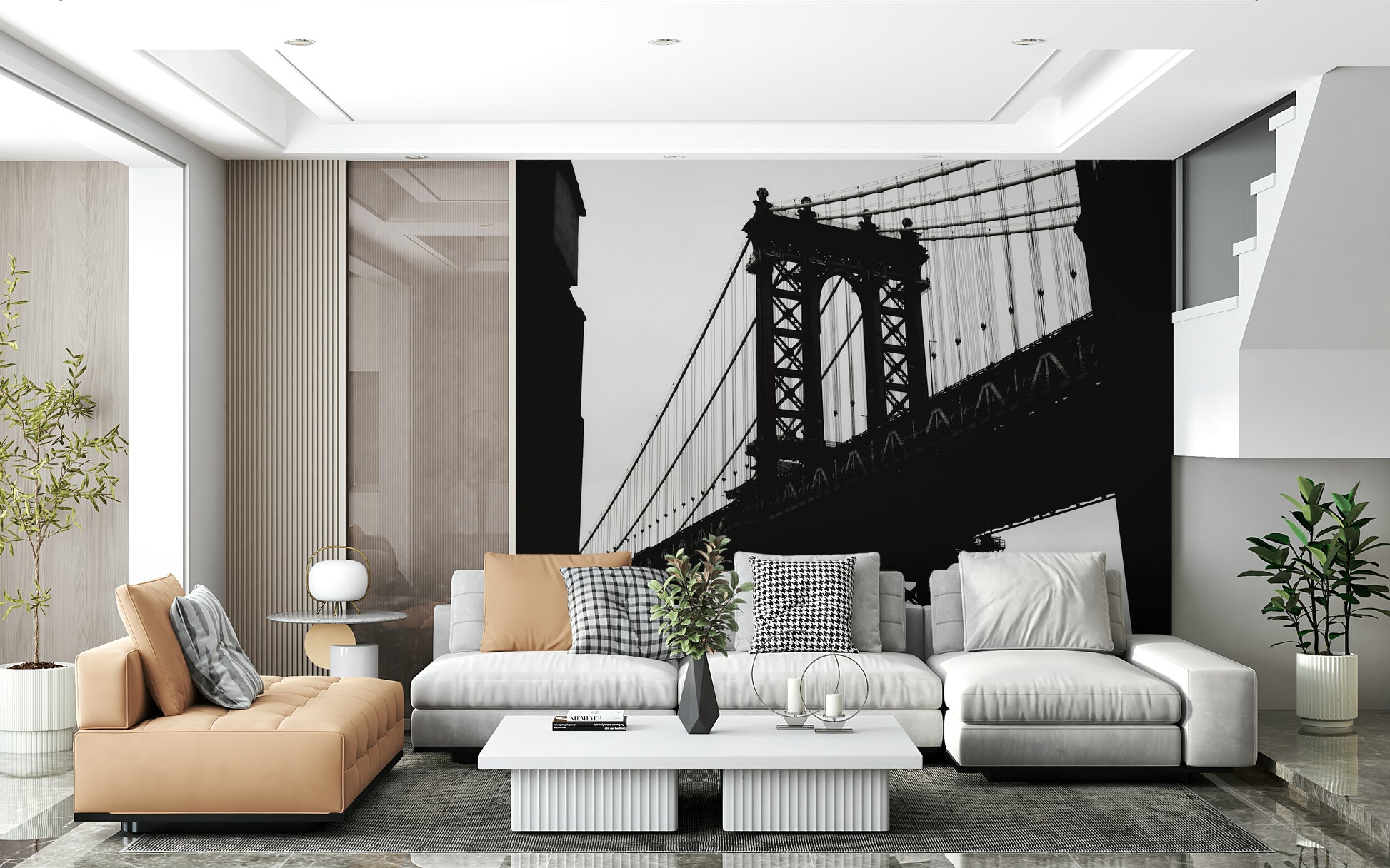 Wall mural depicting a dramatic urban bridge casting shadows over city streets.