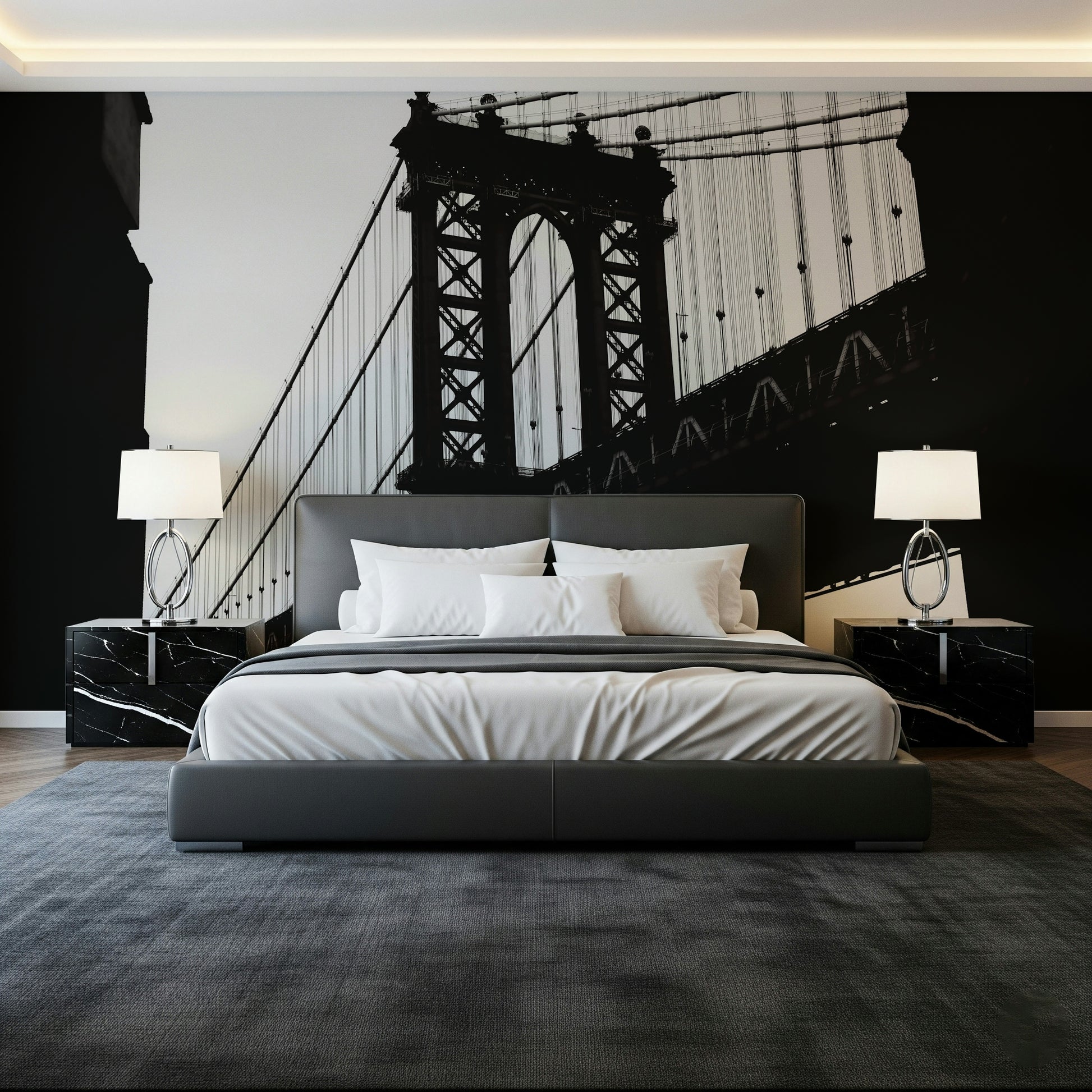 Urban Span: Bridge Silhouette Wall Mural — modern cityscape with a bold bridge outline.