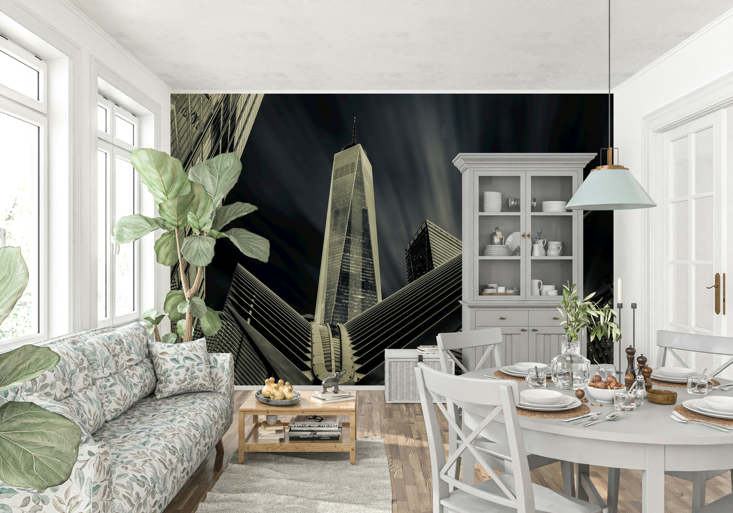 Wall mural depicting the energy and drama of New York City architecture.