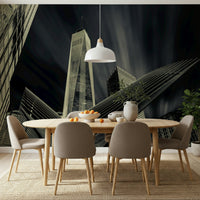 Decorative mural featuring iconic NYC buildings with sharp lines and dramatic light contrasts.