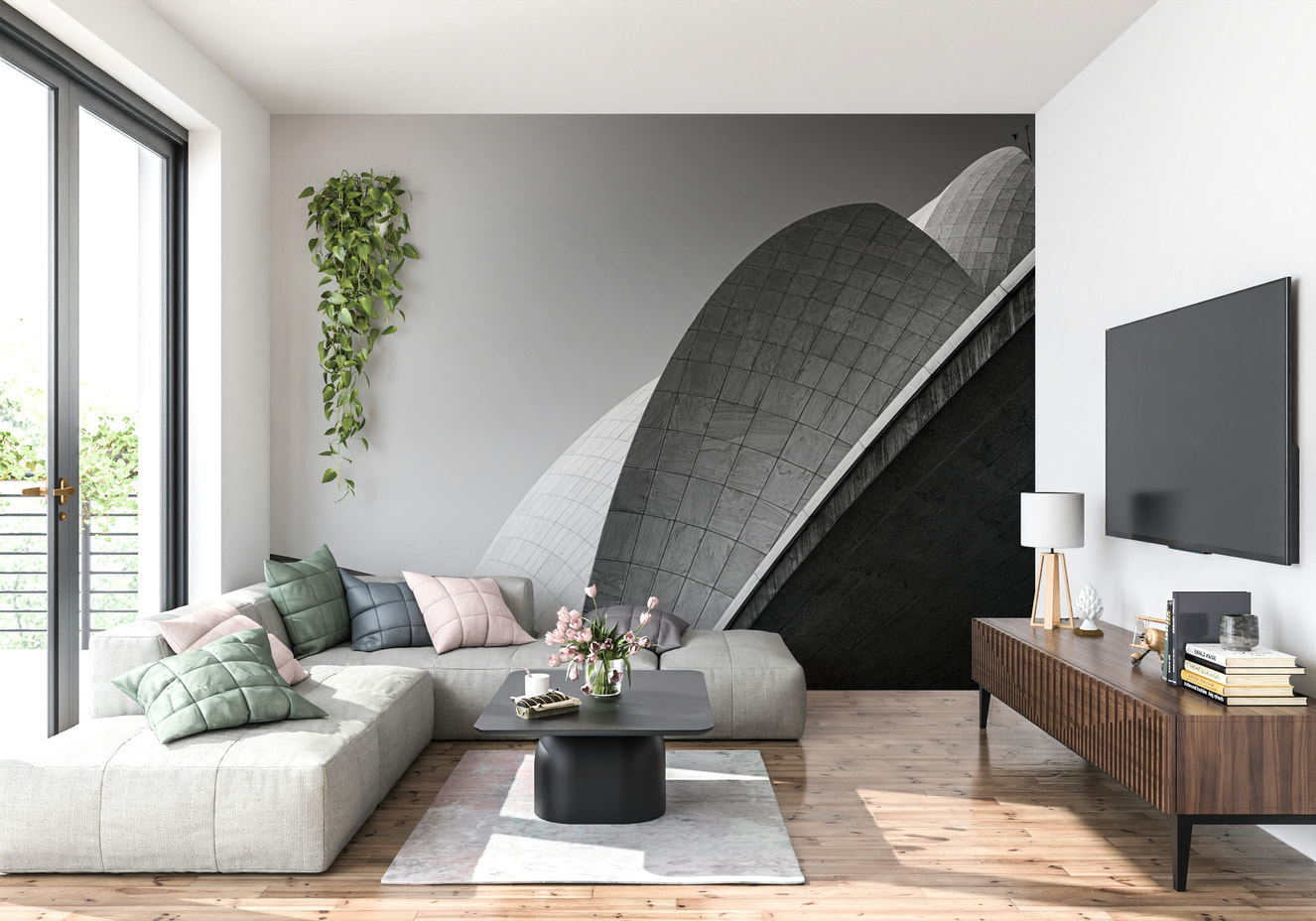 Architectural Petals Wall Mural featuring floral patterns blended with geometric architectural shapes.