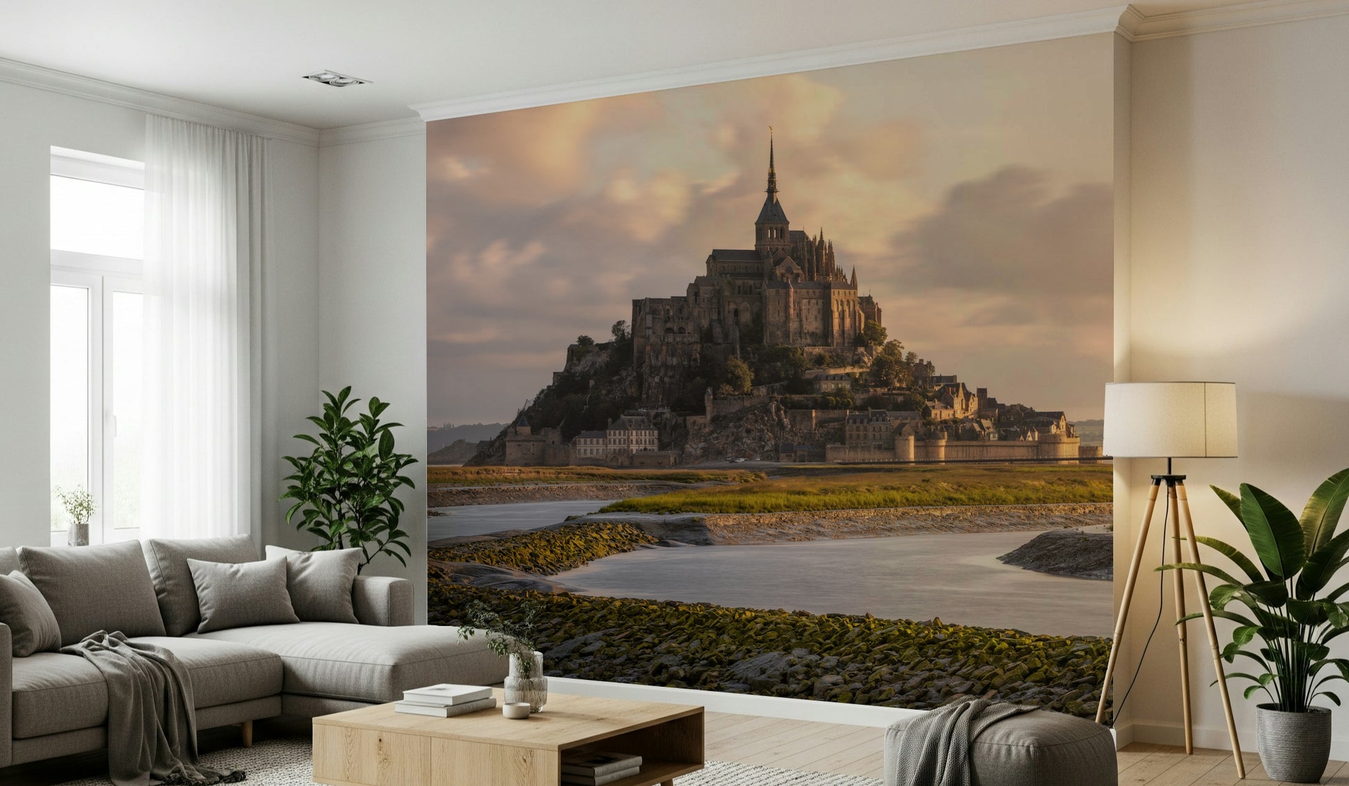 Mont Saint-Michel Dawn Wall Mural featuring the iconic island and abbey at sunrise.