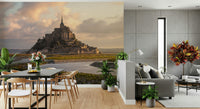 Mont Saint-Michel Dawn Wall Mural — peaceful early morning view of the historic island and abbey.