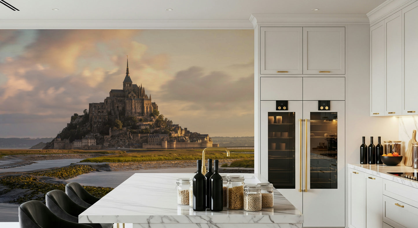 Wallpaper depicting the historic Mont Saint-Michel with glowing morning skies.