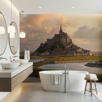 Wall mural depicting Mont Saint-Michel at first light with serene reflections.