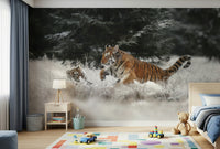Winter Wildlife Wall Mural – Vibrant mural capturing tiger cubs’ playful antics in a snowy wilderness.