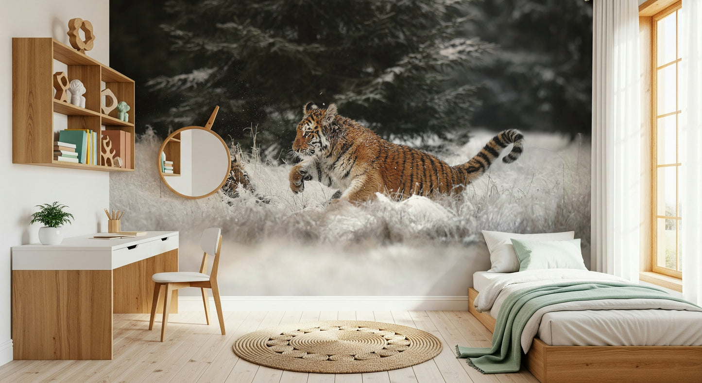 Winter Play: Tiger Cubs Wall Mural – Adorable tiger cubs playing in the snow, capturing playful wildlife moments.