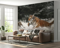 Tiger Cubs Feature Wall Mural – Charming mural showcasing playful tiger cubs in a winter wonderland setting.