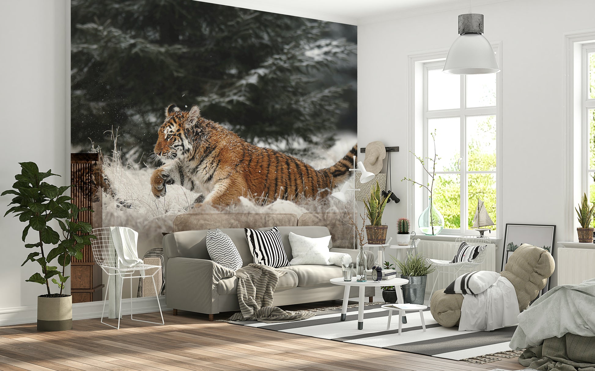 Tiger Family Wall Mural – Adorable tiger cubs interacting in a winter landscape for a heartwarming wildlife scene.
