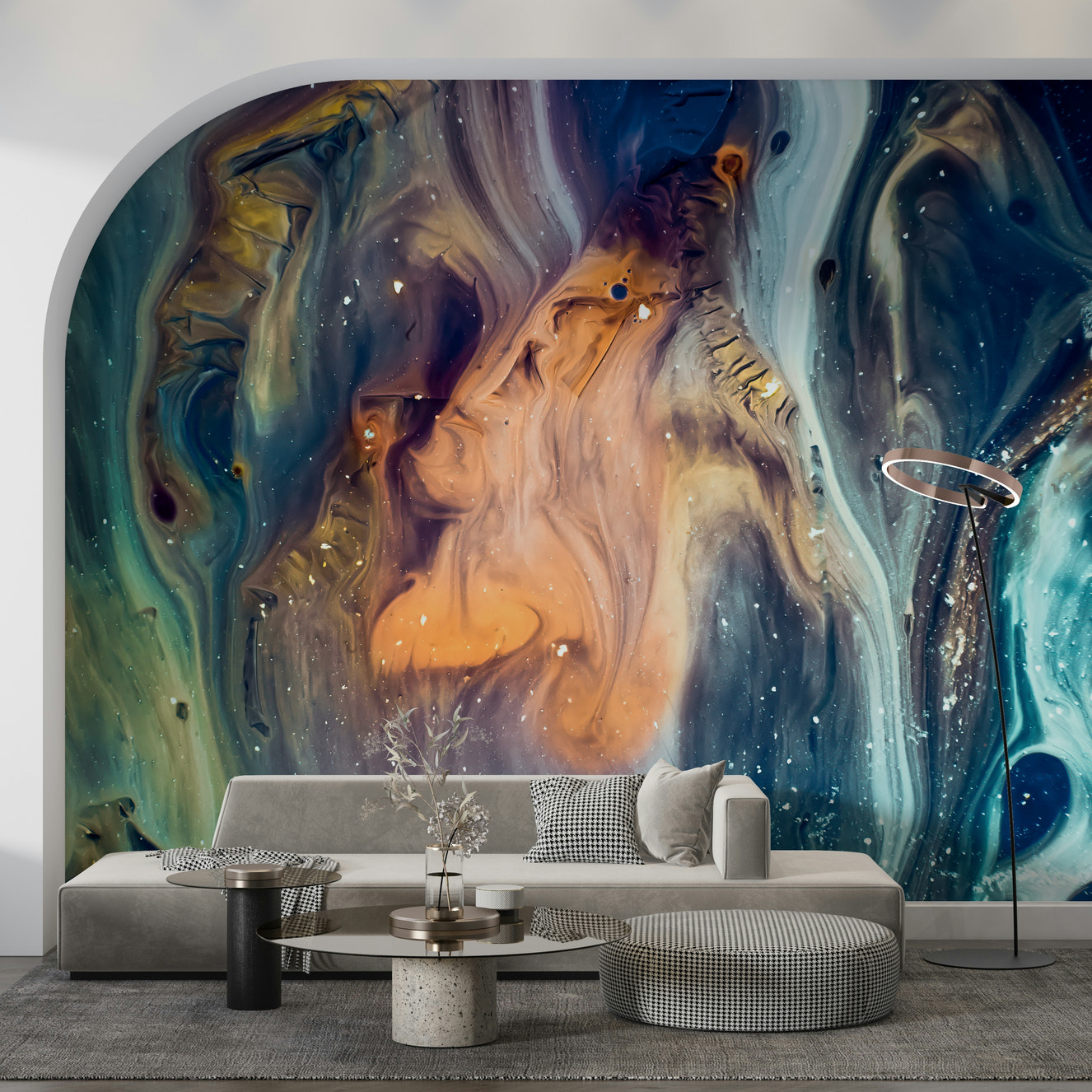 Fluid Universe Wall Mural – Abstract cosmic mural featuring swirling galaxies and vibrant, flowing colors in deep space.