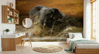 Elephants in Water Wall Mural – Lifelike depiction of elephants enjoying a refreshing plunge in a calm setting.
