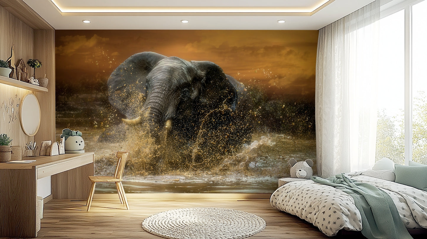 Elephant Family Wall Mural – Peaceful mural highlighting a herd of elephants engaging in playful water activities.
