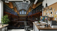 Classical Library Wall Mural – Architectural library mural with grand arches, warm lighting, and endless rows of books.