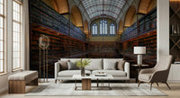 Majestic Reading Room Wall Mural – Classic library interior with warm tones, detailed bookshelves, and sophisticated ambiance.