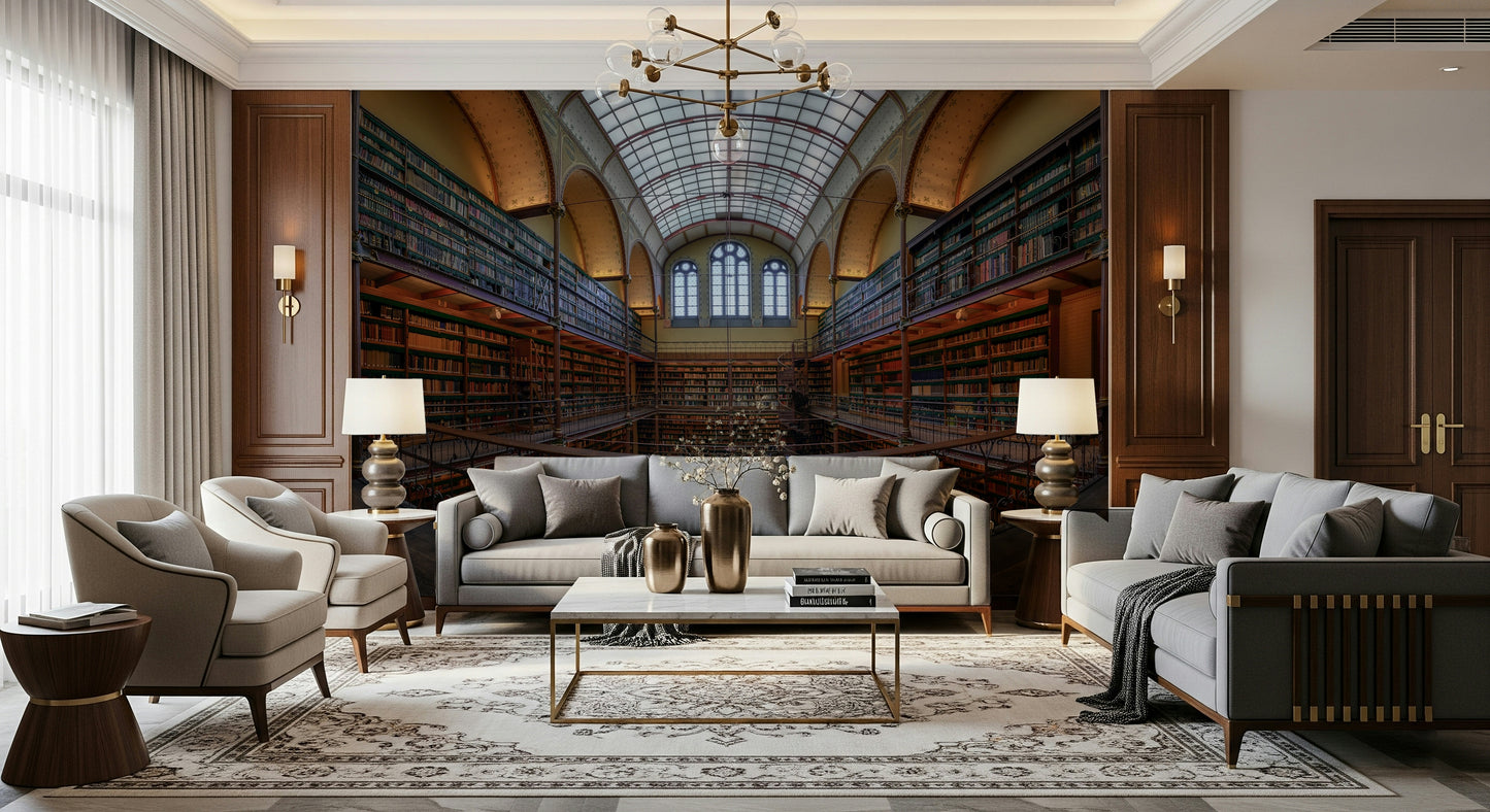Elegant Bookshelf Wall Mural – Detailed mural showcasing towering bookshelves filled with books in a majestic library setting.