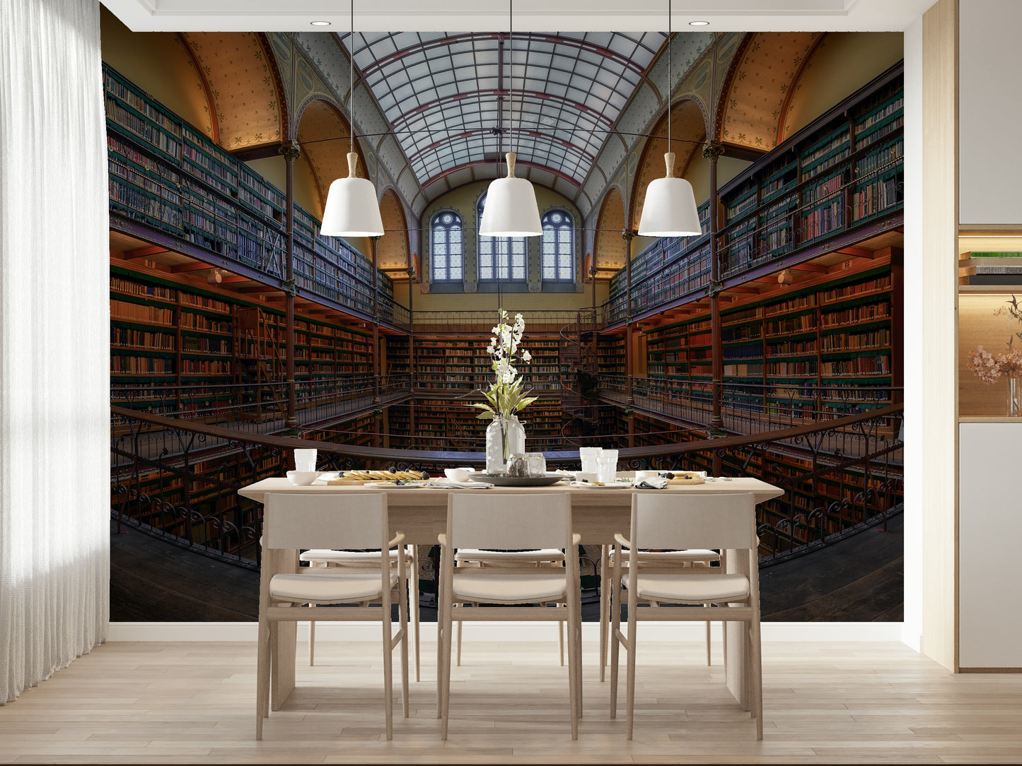 Bibliotheca Grandeur Wall Mural – Stunning mural depicting a grand, classical library with towering bookshelves and elegant architectural details.