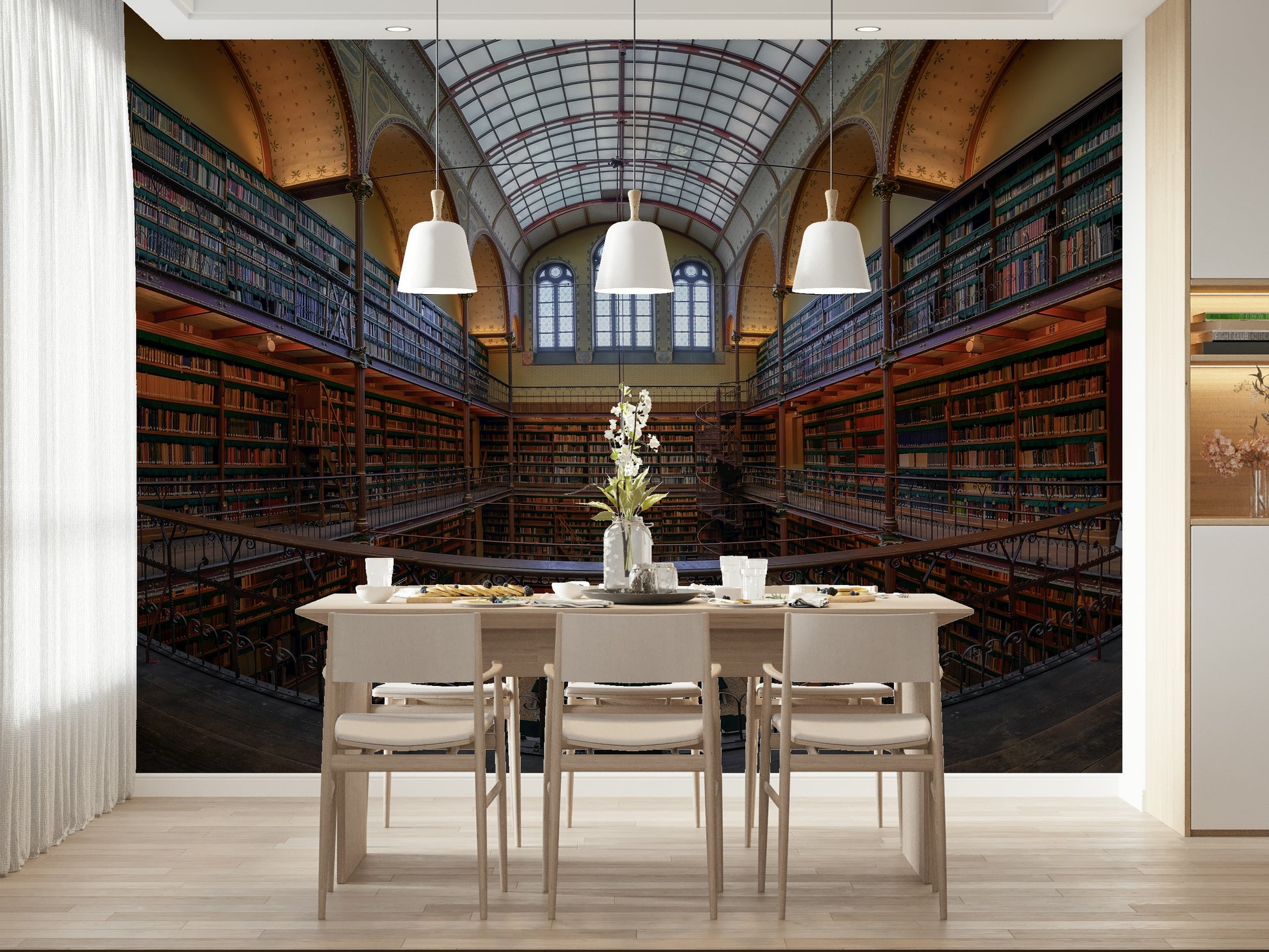 Bibliotheca Grandeur Wall Mural – Stunning mural depicting a grand, classical library with towering bookshelves and elegant architectural details.