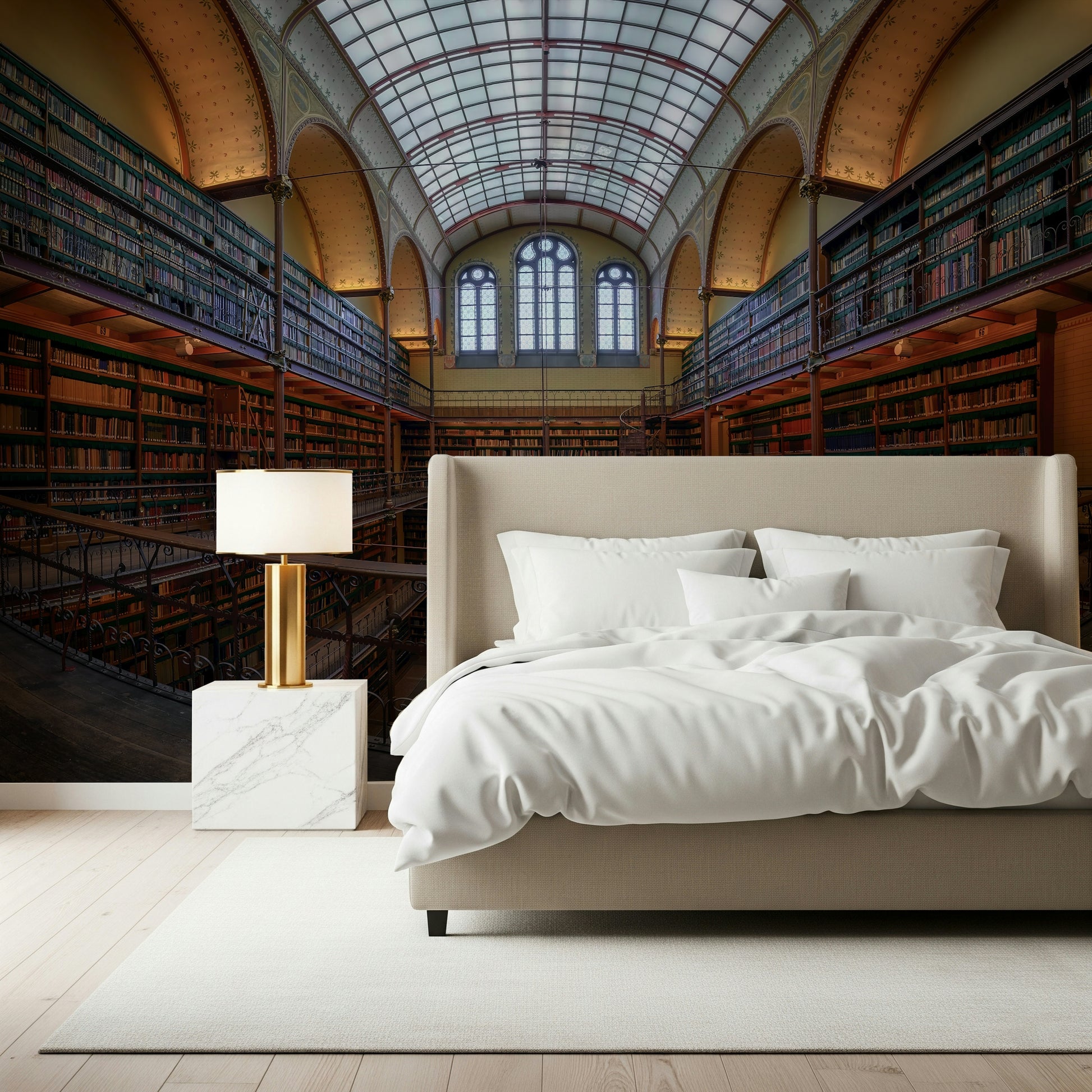 Grand Book Hall Wall Mural – Elegant library depiction with perspective view of towering books and architectural elegance.