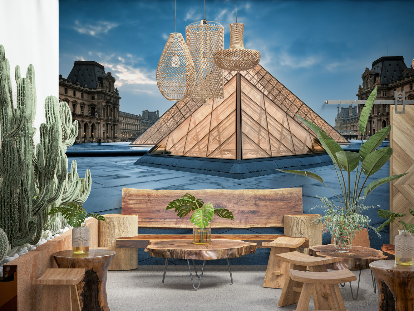 Parisian Pyramid Wall Mural – Stunning mural featuring the Louvre Pyramid in Paris with elegant architectural details.