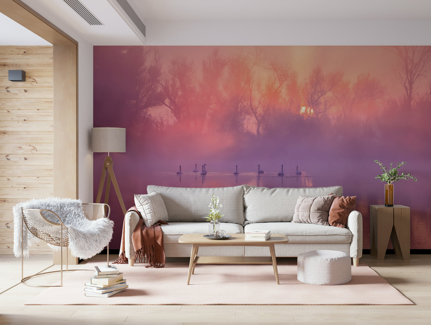 Sunrise lake wallpaper creating a peaceful, nature-inspired interior.