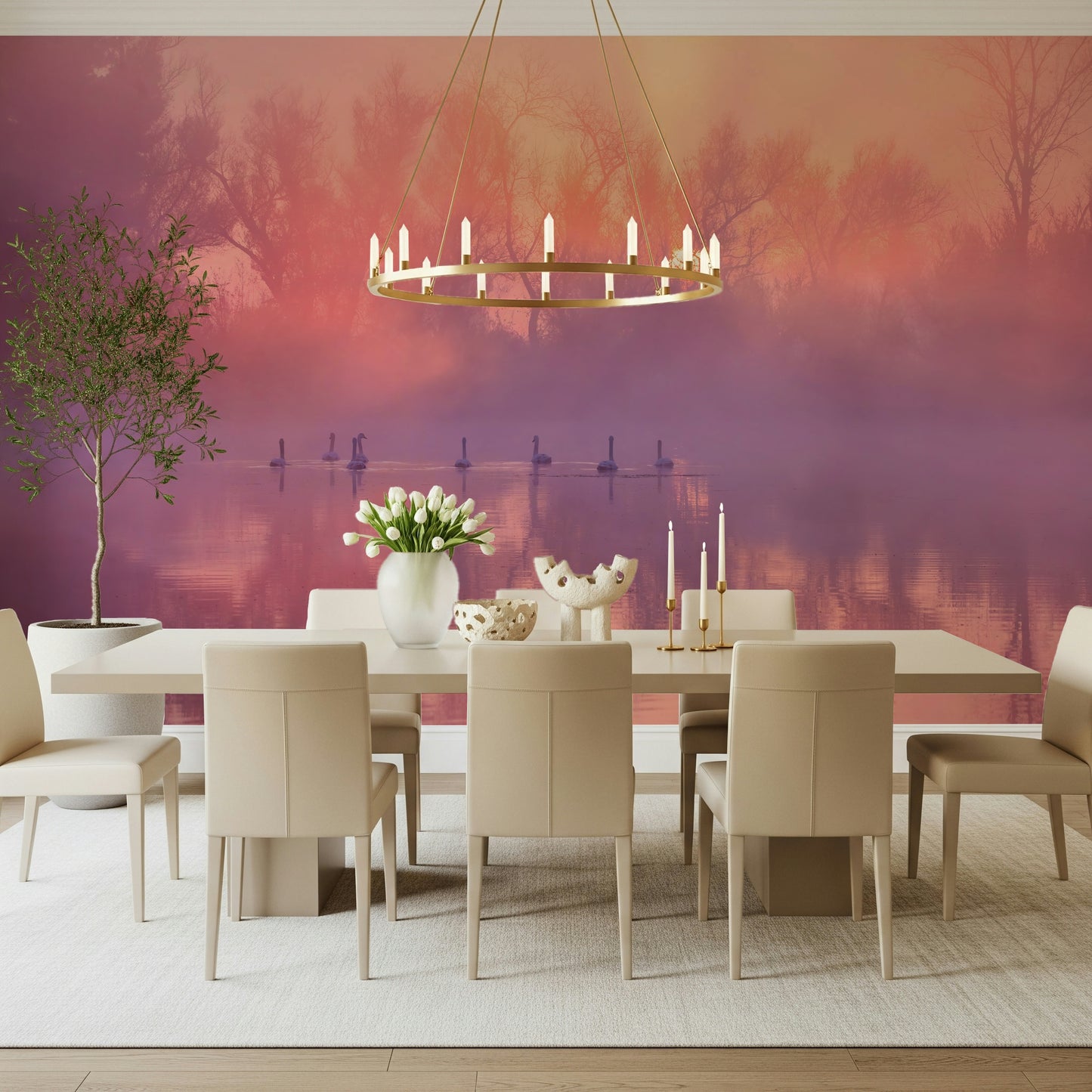 Nature-inspired mural with swans and warm sunrise tones for a tranquil atmosphere.