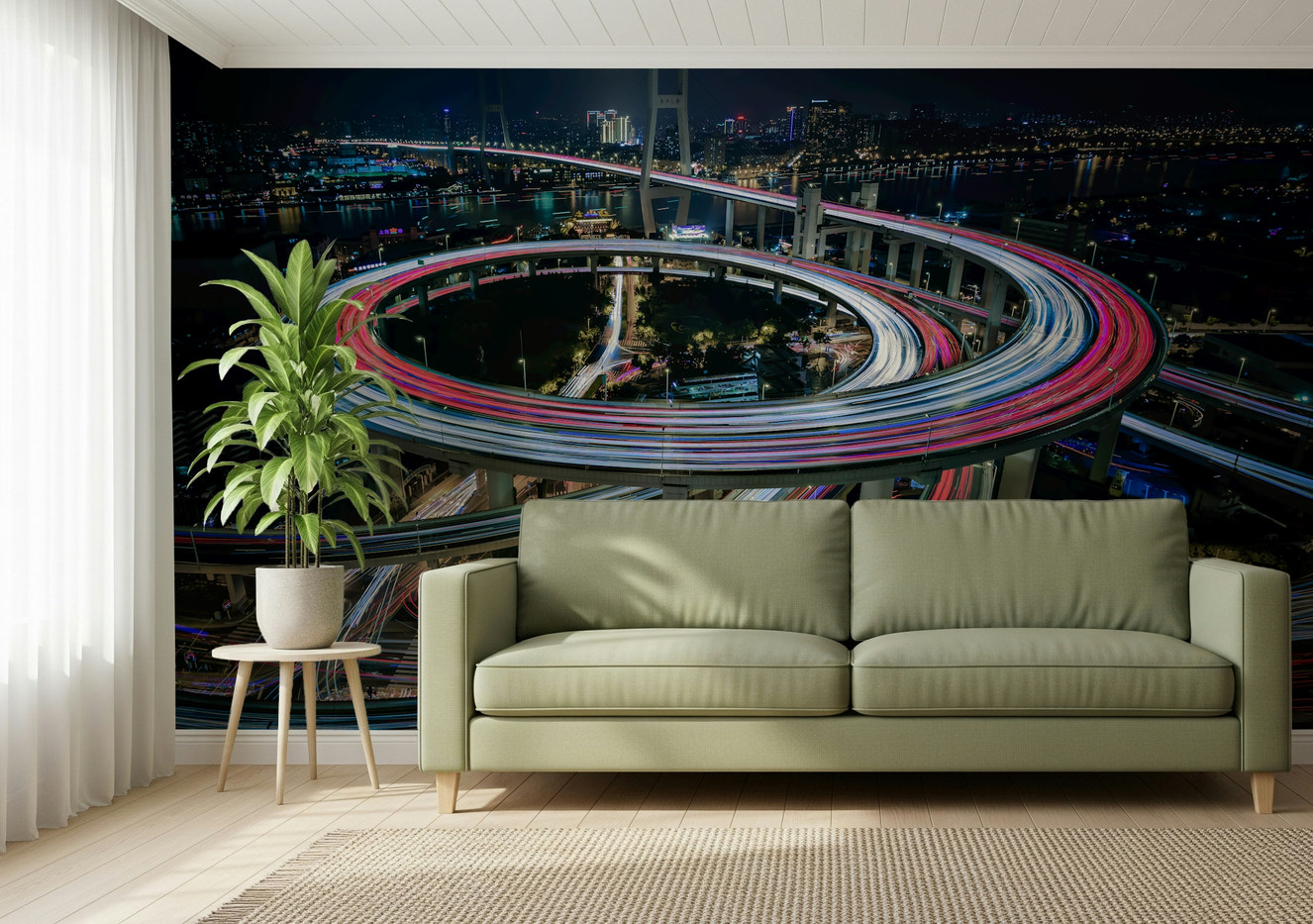 City Flow: Light Trails Wall Mural – Dynamic cityscape mural featuring glowing light trails from traffic on urban streets at night.