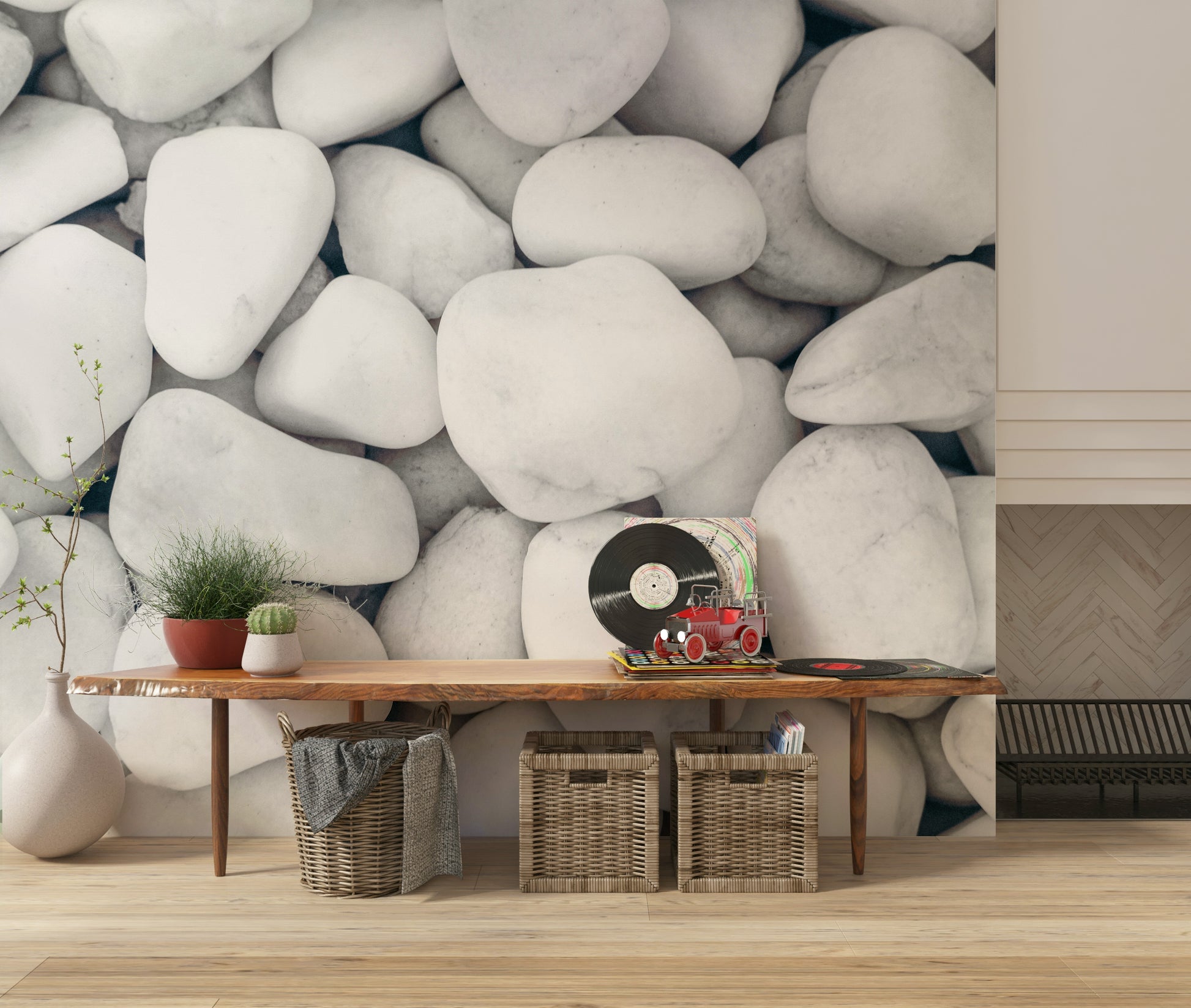 Organic-inspired wall mural featuring white pebbles for contemporary, serene decor.