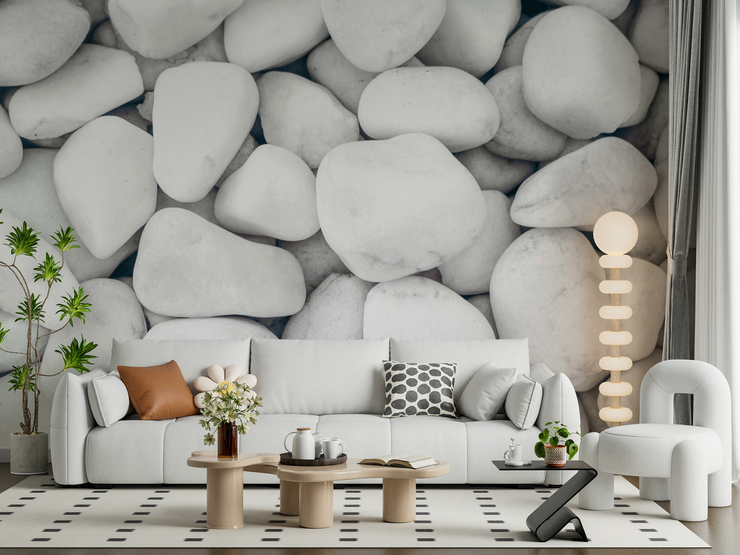Pebble-inspired wall mural creating a calming, minimalist white stone effect.