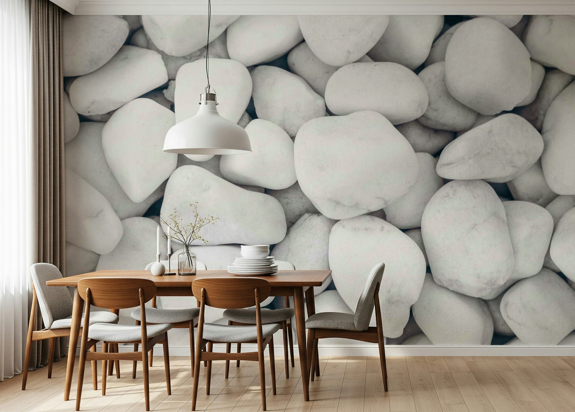 Minimalist pebble wall covering in crisp white tones for stylish, calming interiors.