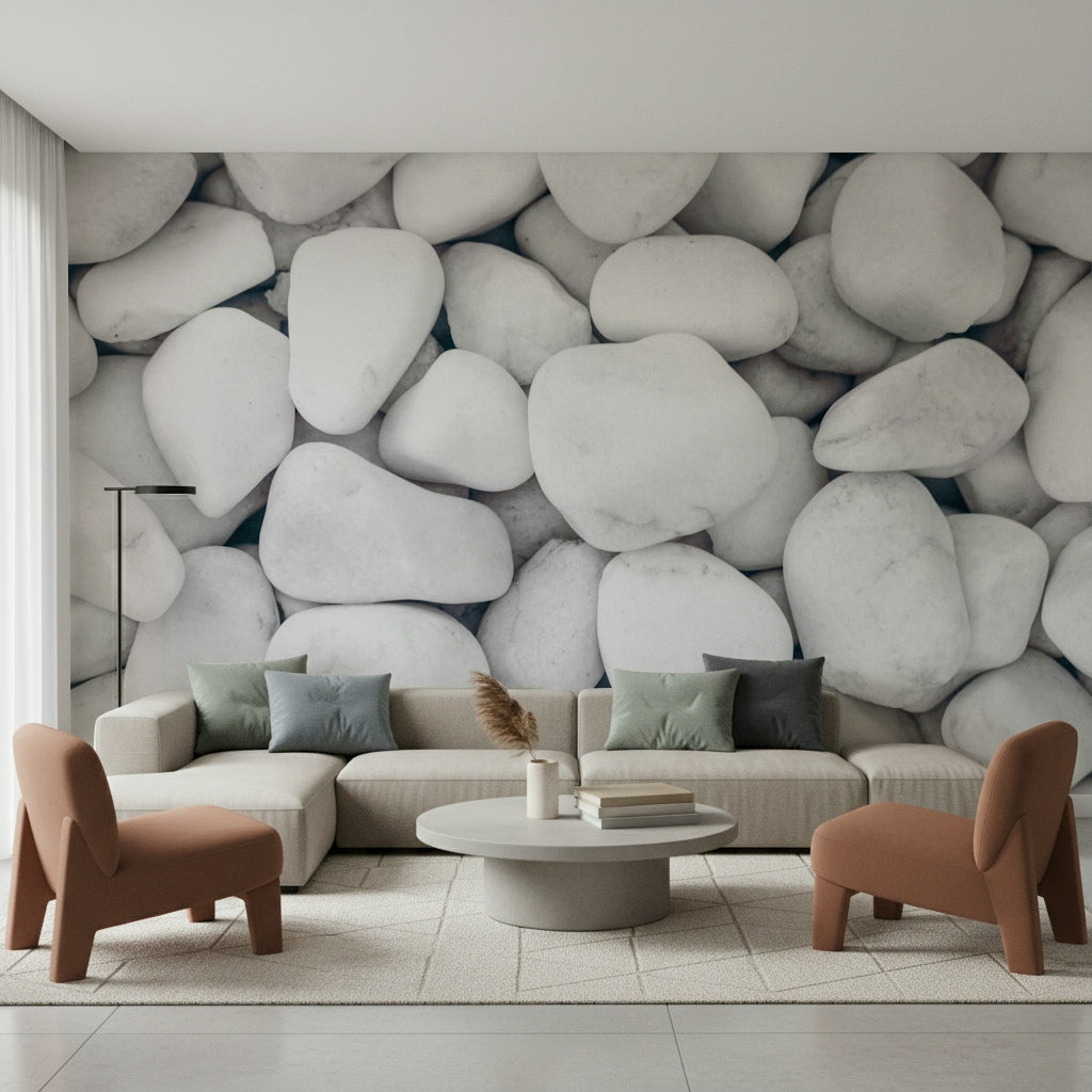 Serene white pebble mural adding natural texture and tranquility to living spaces.