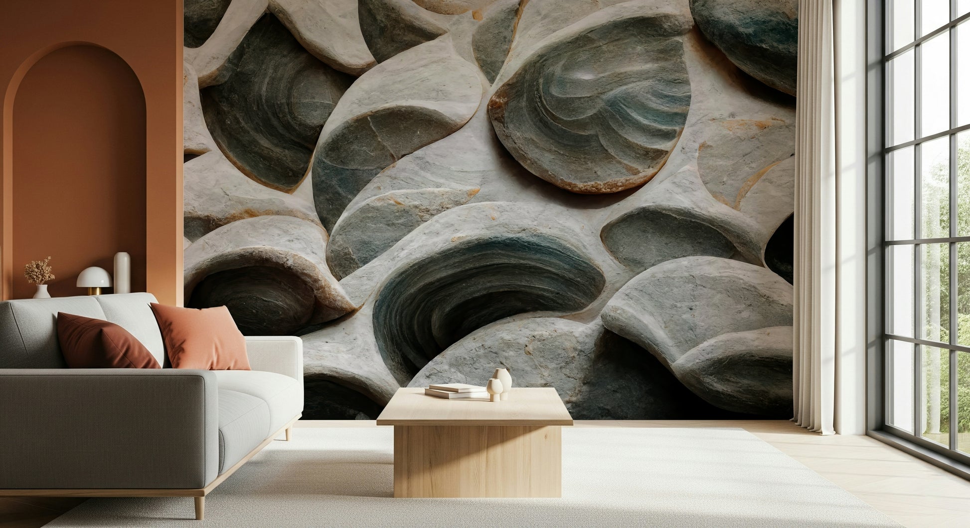 Modern wall mural featuring sculpted stone textures for elegant and stylish spaces.