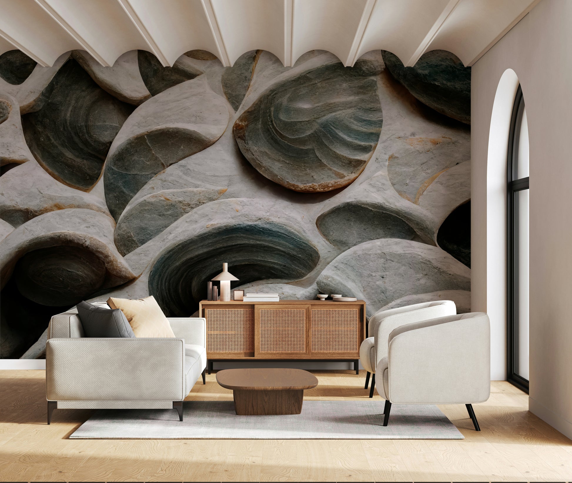 Sculpted Stone Wall Mural featuring realistic textured stone patterns for modern interiors.