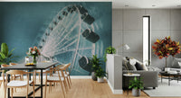 Wall mural featuring a Ferris wheel with clouds and serene sky backdrop.