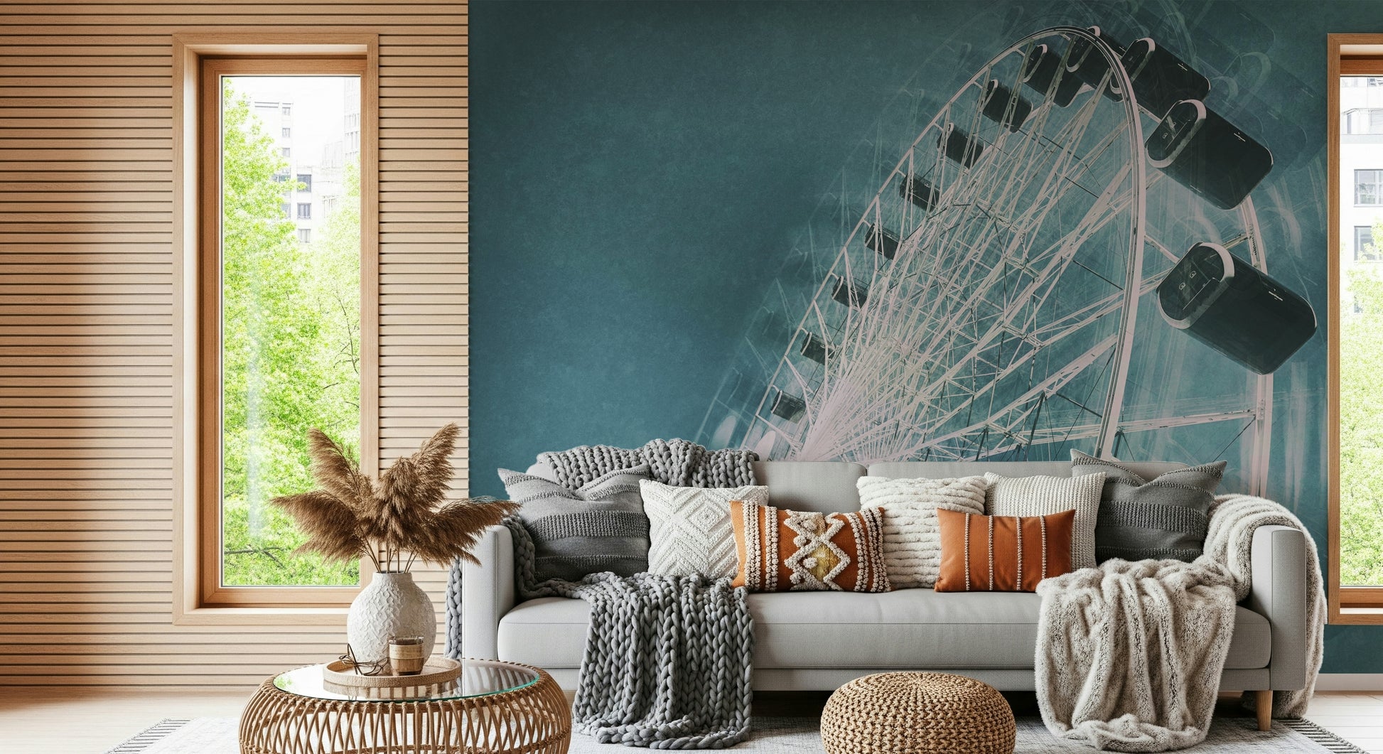 Scenic Ferris wheel wallpaper for bedrooms, playrooms, or living spaces.