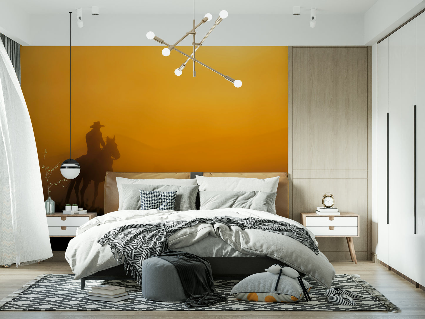 Scenic sunset wall mural with equestrian silhouettes for bedrooms or living rooms.