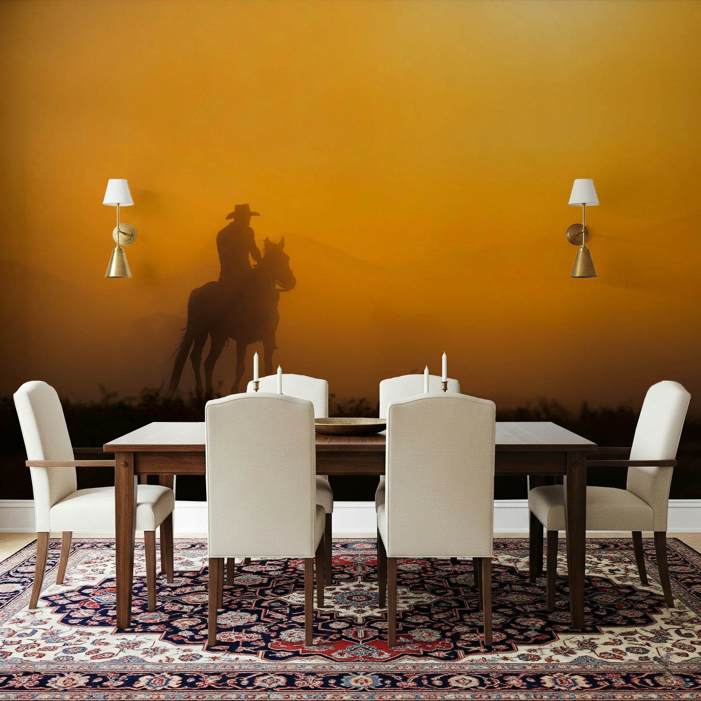 Horseback riding mural against a vibrant sunset sky for calming interiors.