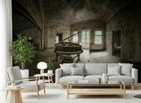 Artistic keyboard wall covering with soft, muted tones and piano motifs.