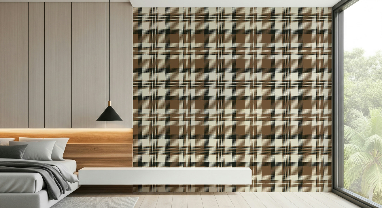 Earthy Plaid wallpaper with warm, natural tones for cozy, stylish interiors.