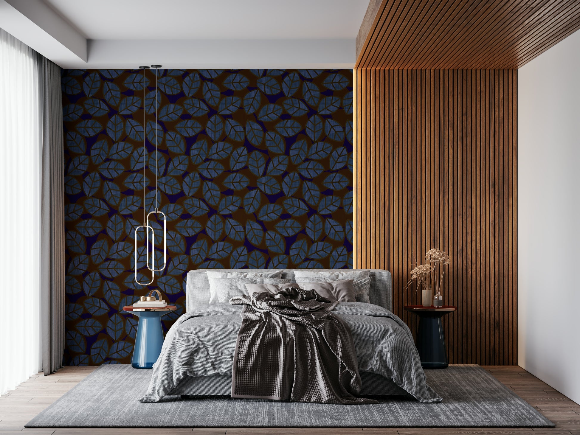 Artistic dark wallpaper with abstract leaf motifs for modern and cozy spaces.