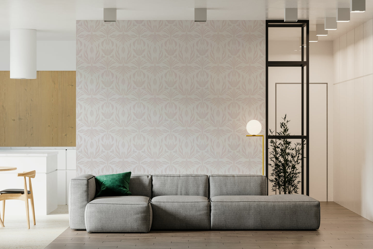 Blush Botanical Echo wallpaper with soft botanical patterns in delicate pink tones.