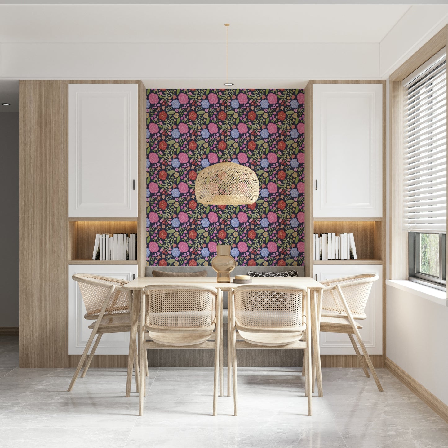 Spring floral wallpaper featuring charming blooming flowers in soft pastel shades.