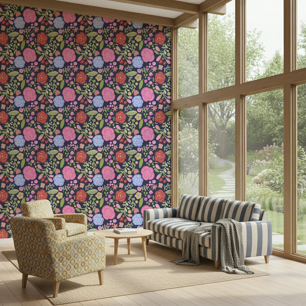 Charming Bloomscape wallpaper with colorful spring bloom flowers for bright interiors.