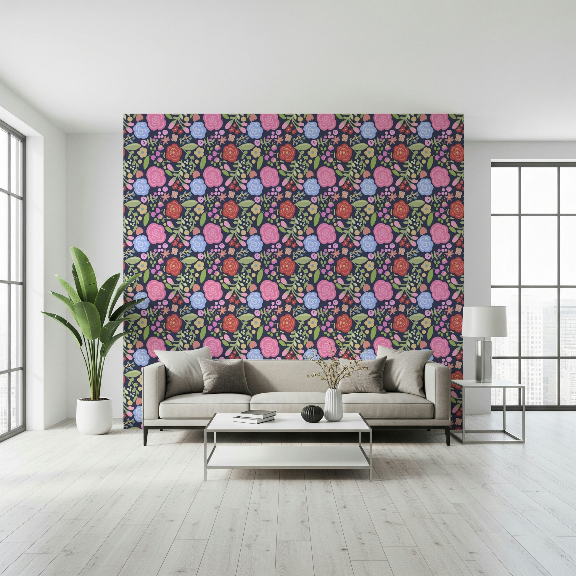 Bloomscape wallpaper with lush spring flowers adding a romantic, natural vibe.