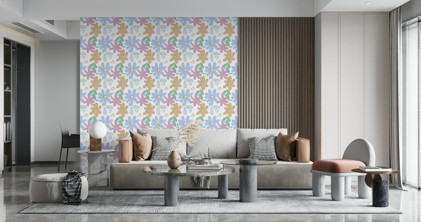 Hand-painted impasto floral wallpaper with a charming, textured look.