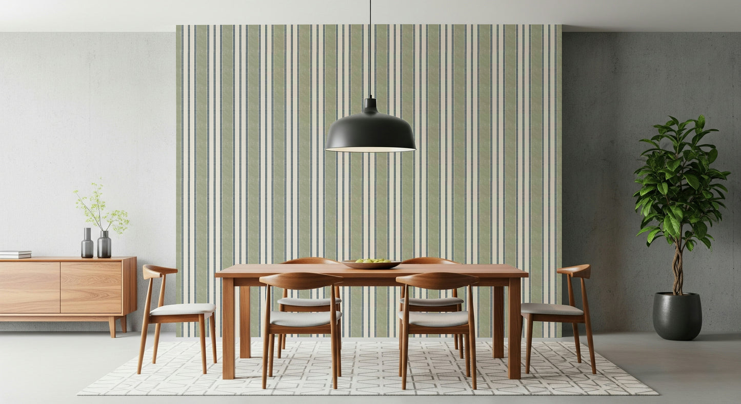 Preppy ticking stripe wallpaper in soft green tones for classic home decor.
