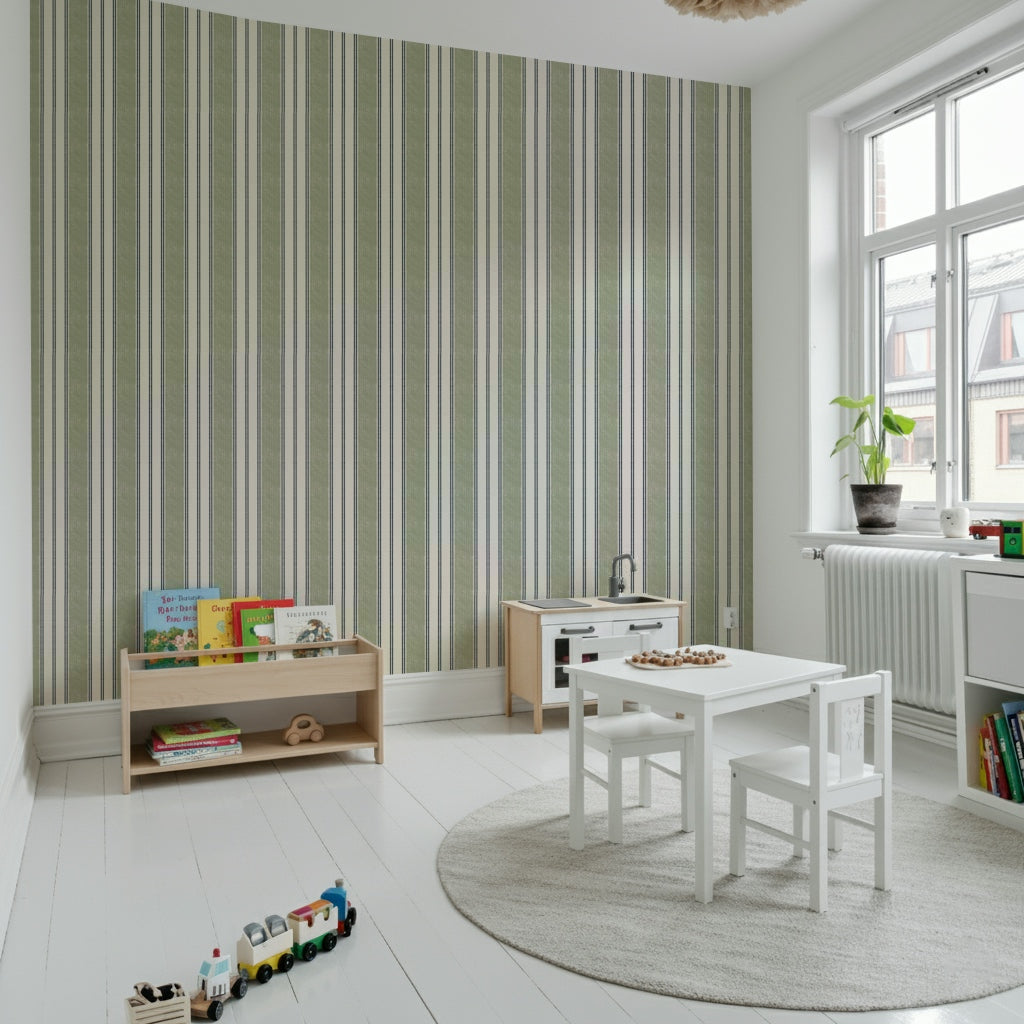 Elegant ticking stripe green wallpaper perfect for bedrooms, dining rooms, or hallways.